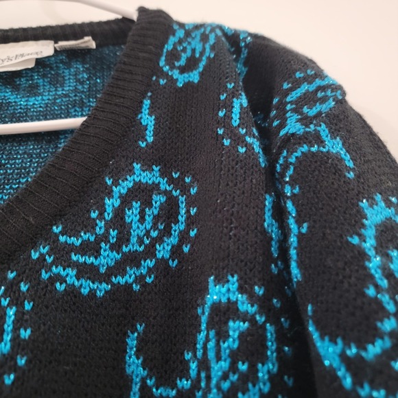 Vintage Womens Sweater Size Medium Paisley Black Blue Metallic 80S 90S Knit - Picture 3 of 6